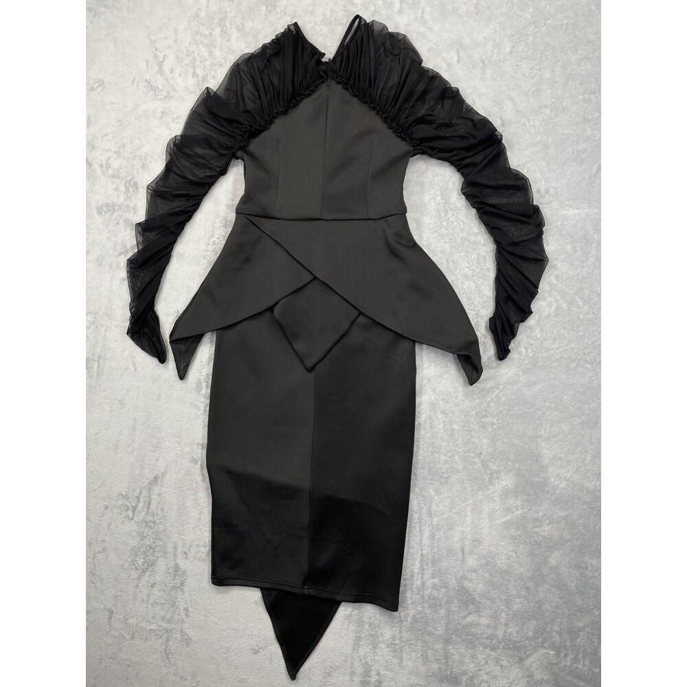 Black SMALL Ruched Sleeve Cocktail Dress high mock neck - Picture 7 of 9